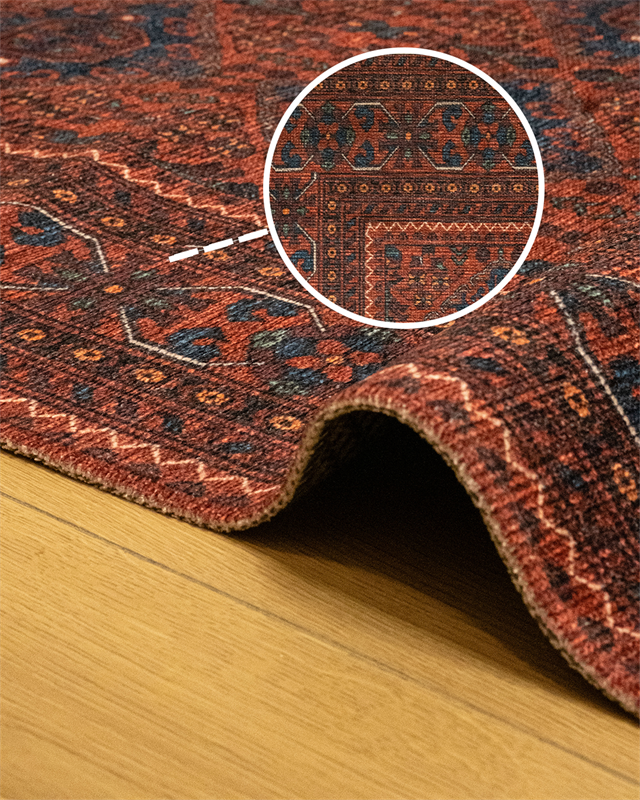 Twist Koyu Bordo Halı  Geleneksel Geometrik Motifli Lacivert Detaylı Pamuk Tabanlı Makine Dokuması