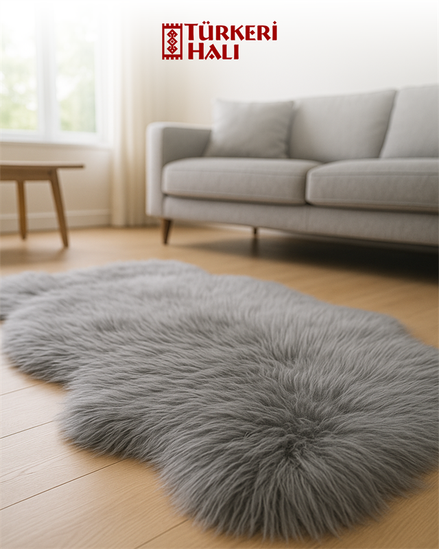 Peluche Gri Kuzu Post Halı – Ekstra Yumuşak Kaymaz Tabanlı Peluş Post