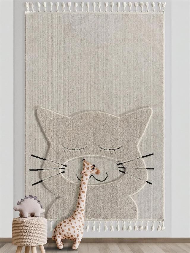 Tiny Kids Kedi Desenli Gri Dikdörtgen Halı