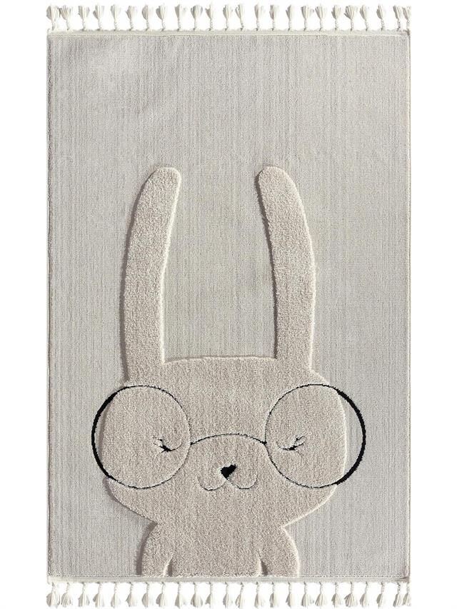 Tiny Kids Gözlüklü Tavşan Desenli Gri Halı