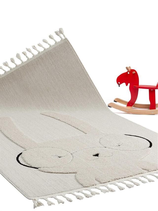 Tiny Kids Gözlüklü Tavşan Desenli Gri Halı