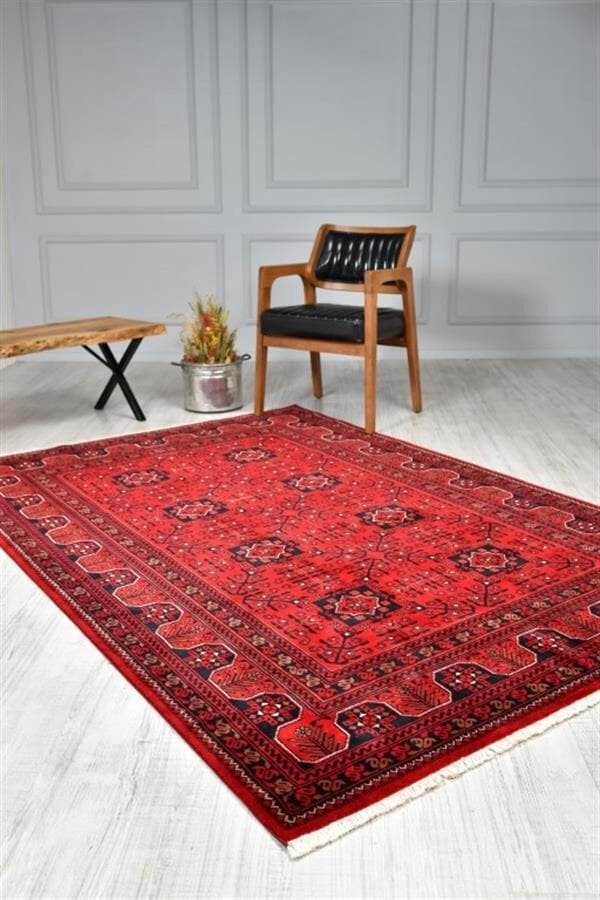 Bambos Plus 901 Kırmızı Yün Ve Bambu Ile Özel Tezgahlarda Üretilen Afgan Halısı Desenli