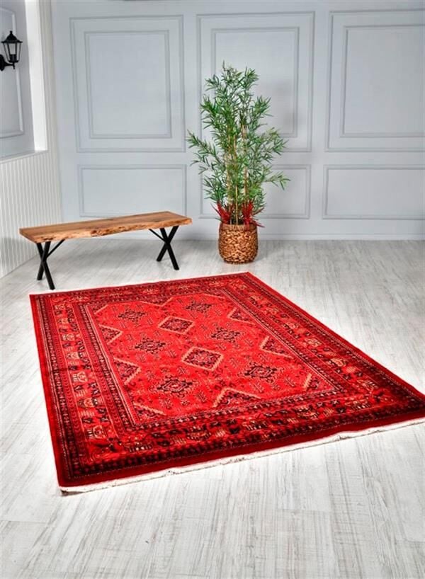 Bambos Plus 902 Kırmızı Yün Ve Bambu Ile Özel Tezgahlarda Üretilen Afgan Halısı Desenli