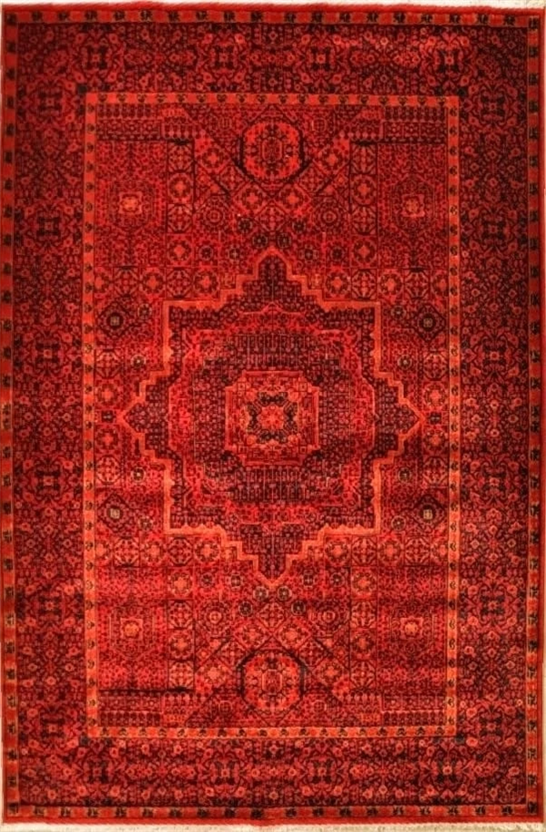 Bambos Plus 904 Kırmızı Yün Ve Bambu Ile Özel Tezgahlarda Üretilen Afgan Halısı Desenli
