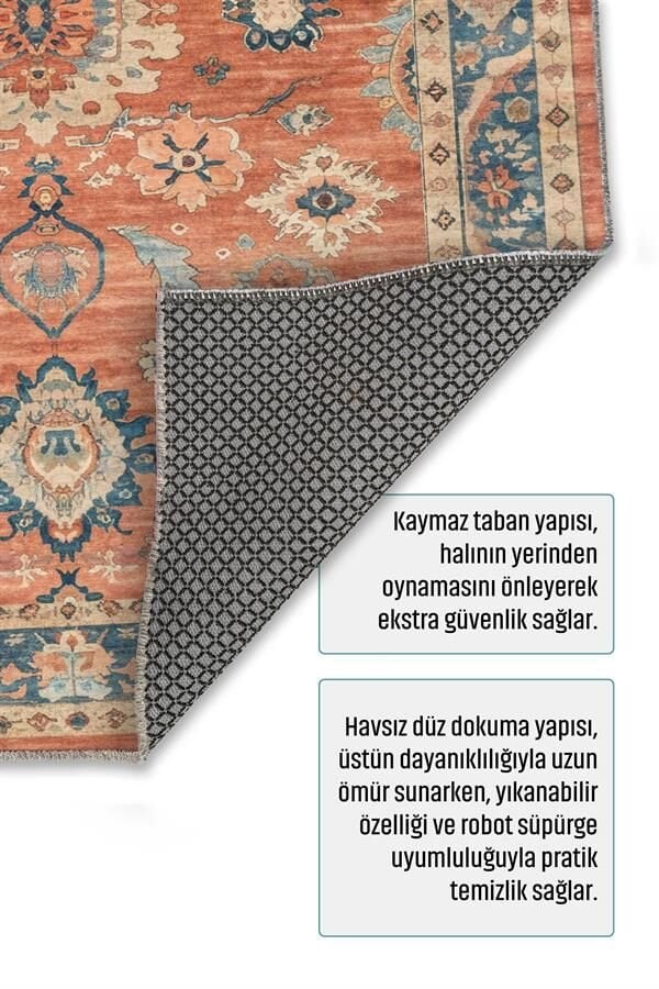 Kiremit Geleneksel Motifli Kaymaz Taban Yıkanabilir Pamuk Tabanlı Düz Dokuma Salon Halısı