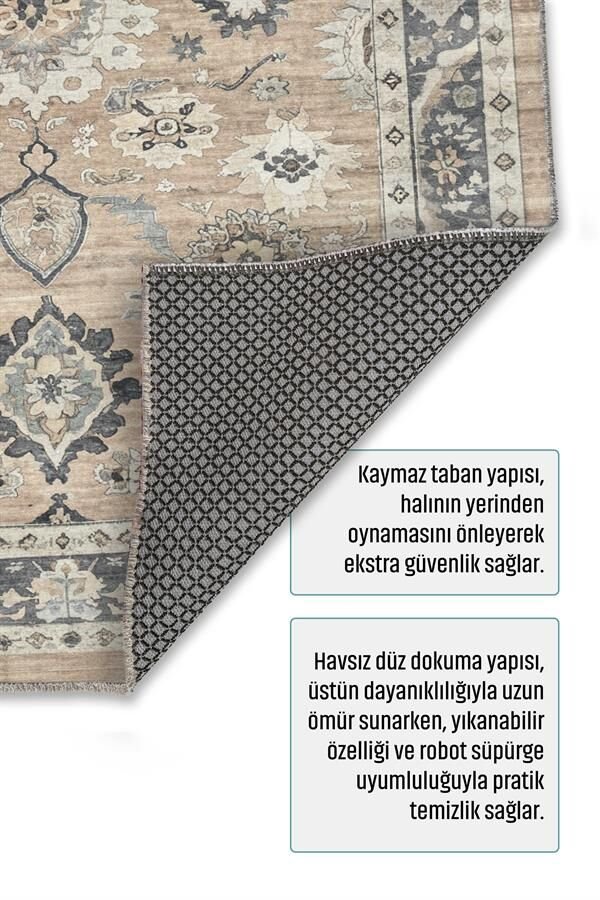 Bej Gri Geleneksel Motifli Kaymaz Taban Yıkanabilir Pamuk Tabanlı Düz Dokuma Salon Halısı
