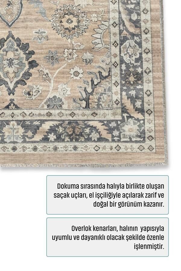 Bej Gri Geleneksel Motifli Kaymaz Taban Yıkanabilir Pamuk Tabanlı Düz Dokuma Salon Halısı