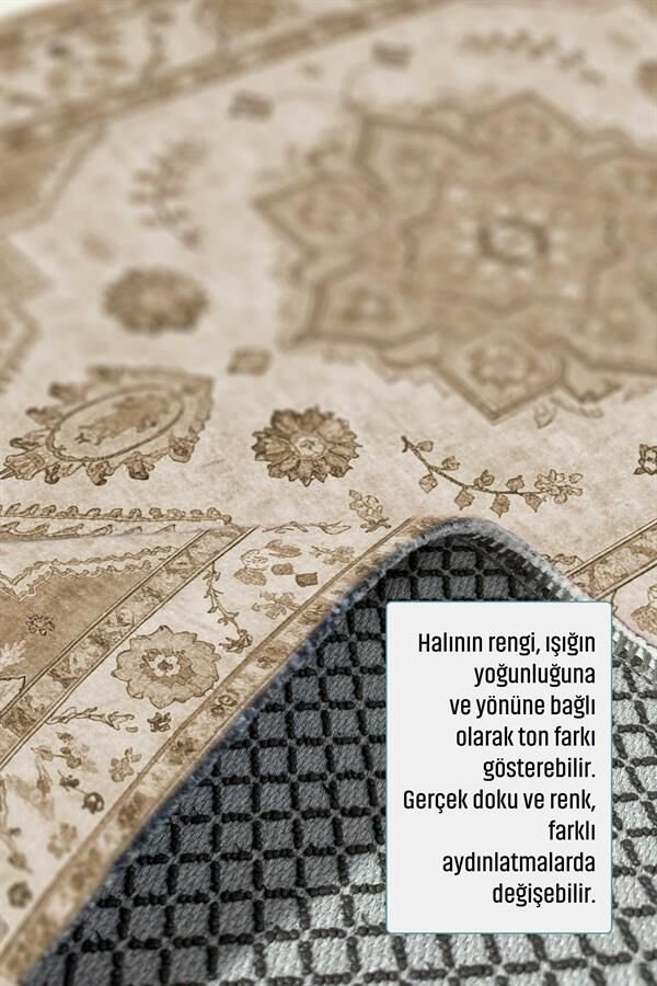 Açık Bej Klasik Medalyonlu Kaymaz Taban Yıkanabilir Pamuk Tabanlı Düz Dokuma Salon Halısı