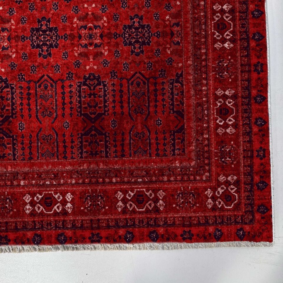 Twist Serisi Kırmızı Kaymaz Tabanlı Yıkanabilir Halı Etnik Desenli Salon Halısı