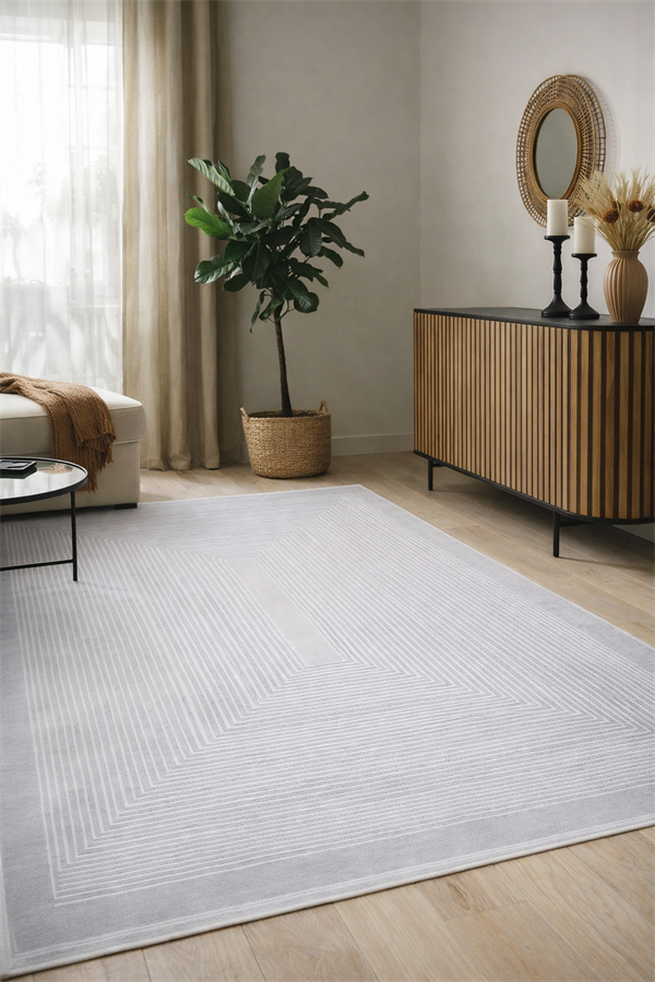 Edge Serisi Geometrik Çizgi Desenli Gri Akrilik Modern Salon Halısı