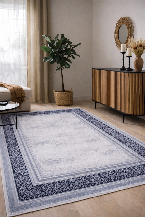 Edge Serisi Lacivert Çerçeveli Modern Salon Halısı – Klasik Desenli Akrilik Halı