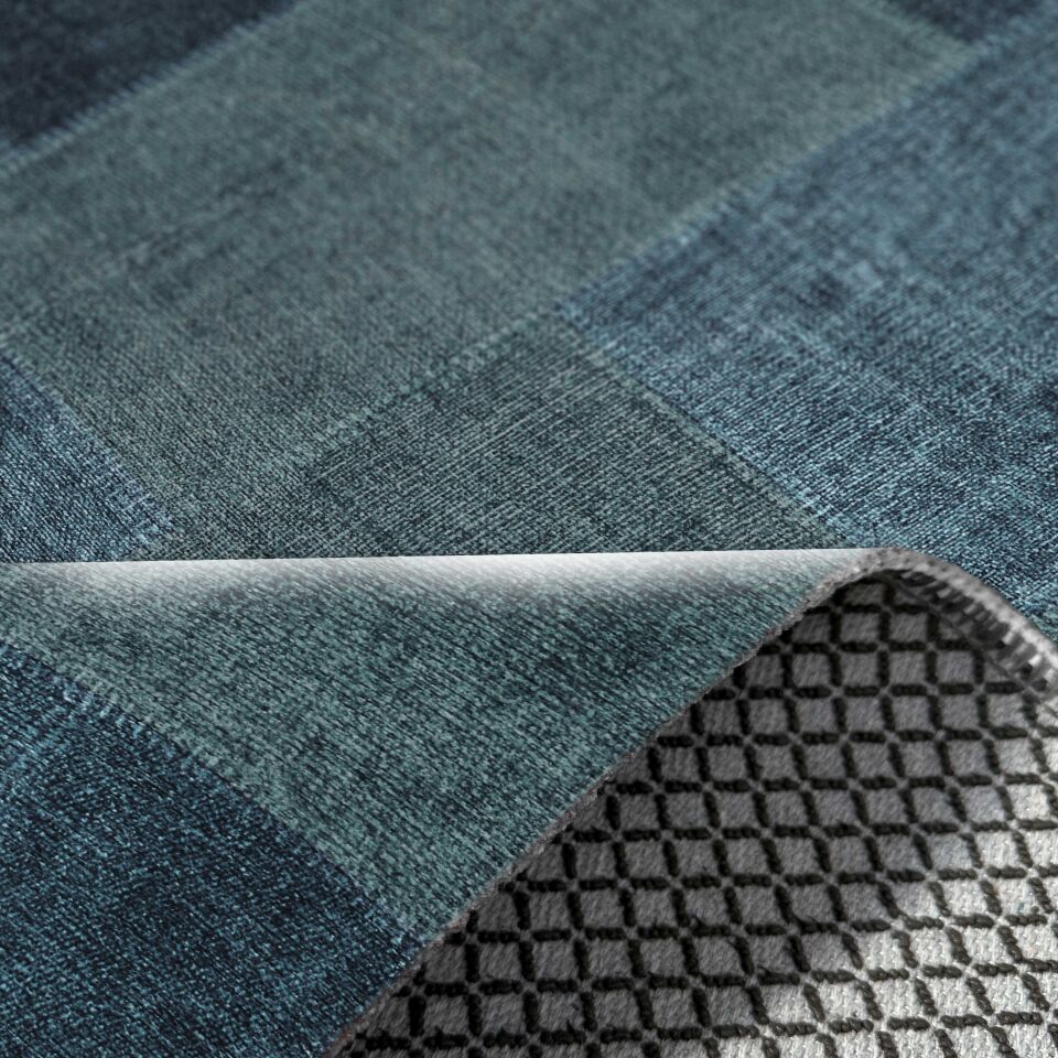 Twist Serisi Mavi Patchwork Kaymaz Tabanlı Yıkanabilir Halı