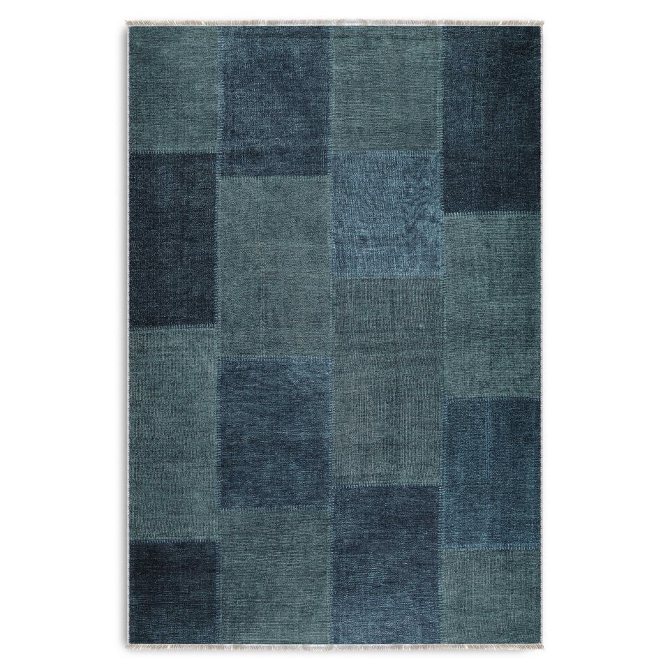 Twist Serisi Mavi Patchwork Kaymaz Tabanlı Yıkanabilir Halı