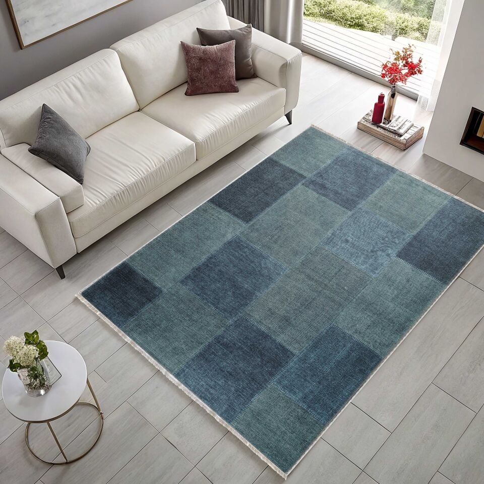 Twist Serisi Mavi Patchwork Kaymaz Tabanlı Yıkanabilir Halı