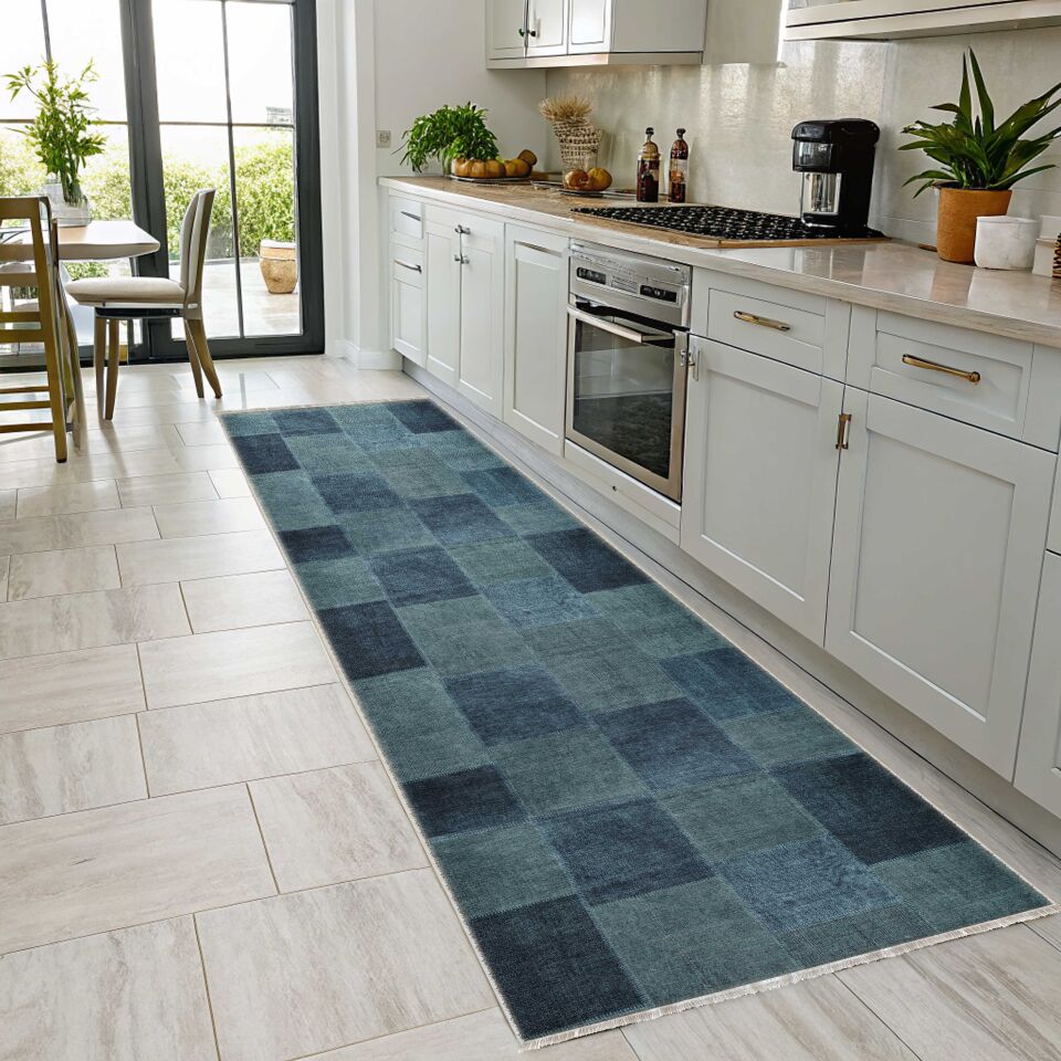 Twist Serisi Mavi Patchwork Kaymaz Tabanlı Yıkanabilir Halı