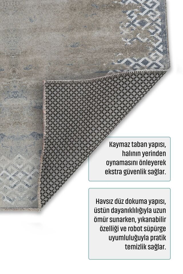 Twist Serisi Bej Vintage Kaymaz Tabanlı Yıkanabilir Halı