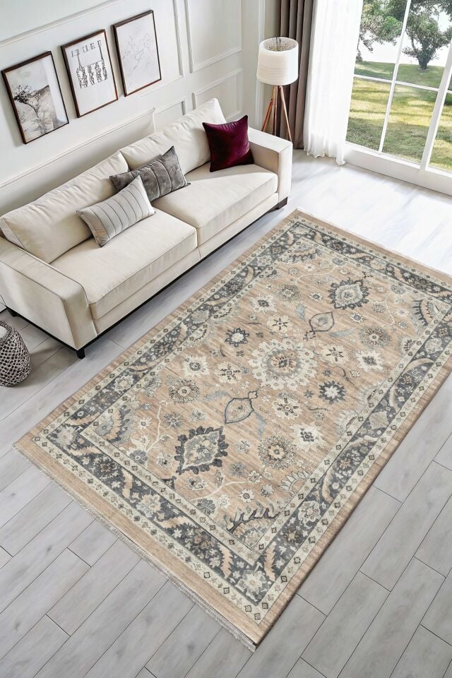 Twist Kaymaz Taban Yıkanabilir Halı Vintage Bej Gri Desenli Salon Mutfak Halısı