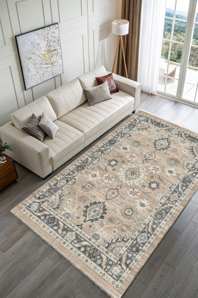 Twist Kaymaz Taban Yıkanabilir Halı Vintage Bej Gri Desenli Salon Mutfak Halısı