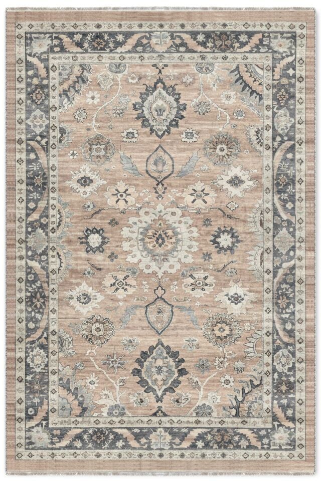 Twist Kaymaz Taban Yıkanabilir Halı Vintage Bej Gri Desenli Salon Mutfak Halısı