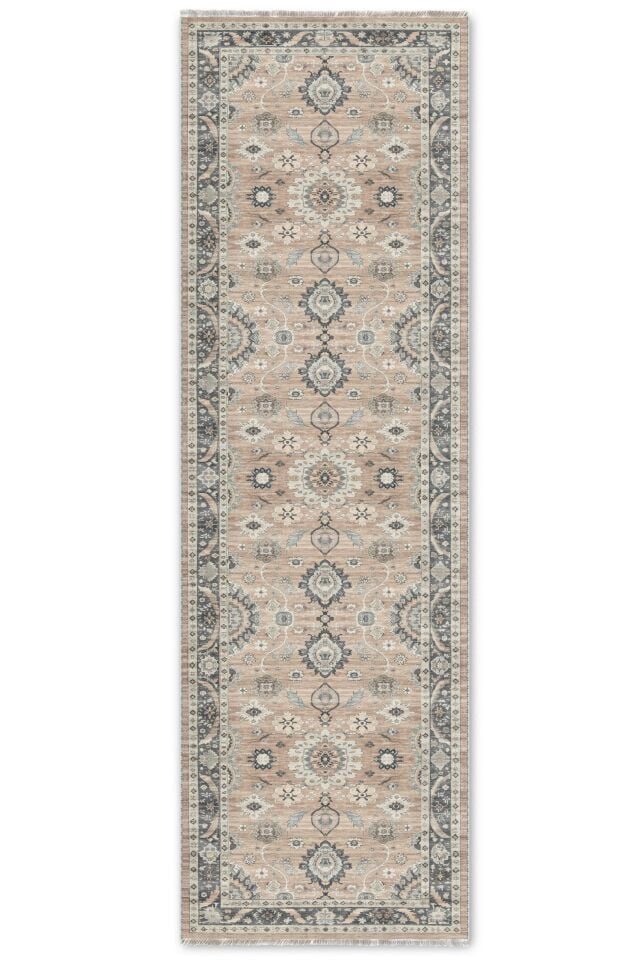Twist Kaymaz Taban Yıkanabilir Halı Vintage Bej Gri Desenli Salon Mutfak Halısı