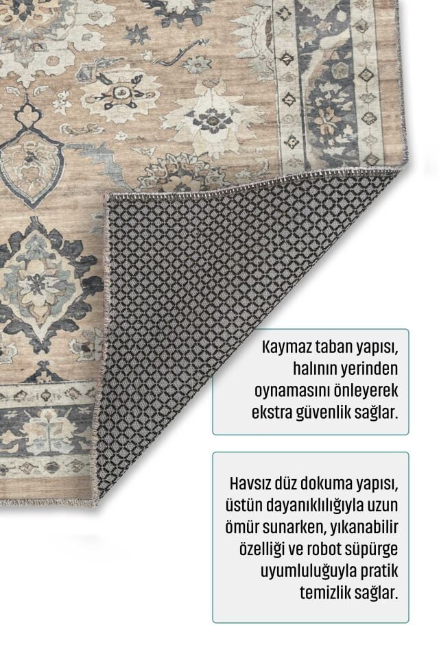Twist Kaymaz Taban Yıkanabilir Halı Vintage Bej Gri Desenli Salon Mutfak Halısı