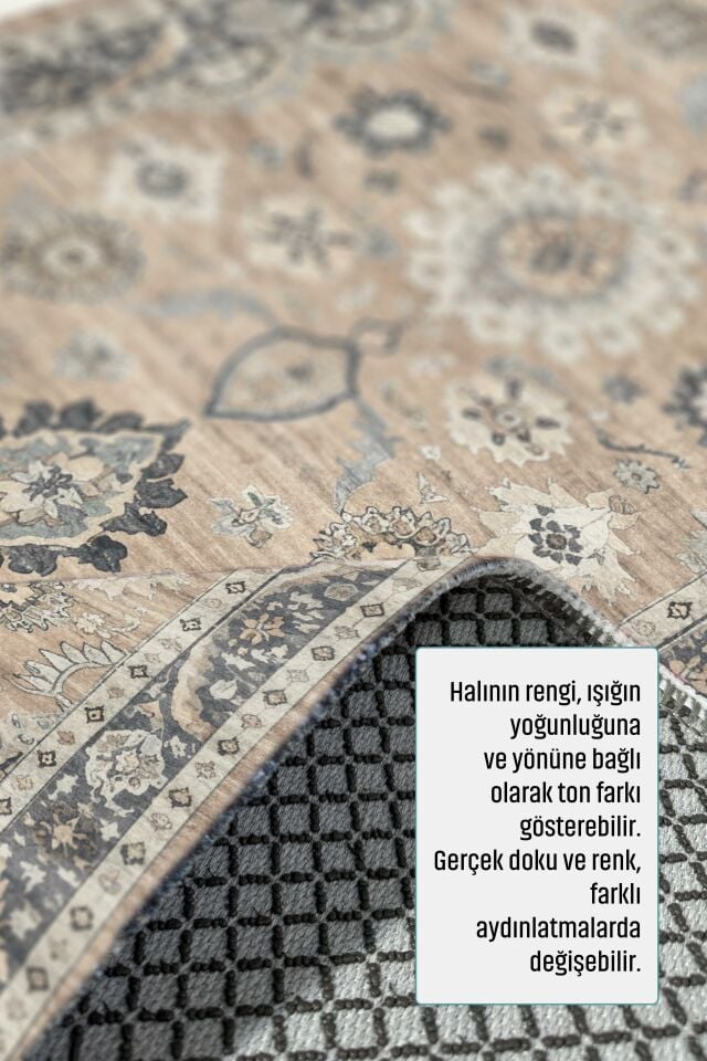 Twist Kaymaz Taban Yıkanabilir Halı Vintage Bej Gri Desenli Salon Mutfak Halısı
