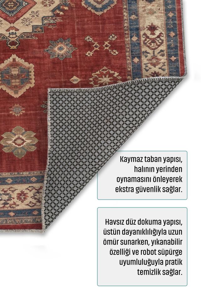Twist Kaymaz Taban Yıkanabilir Halı Kırmızı Lacivert