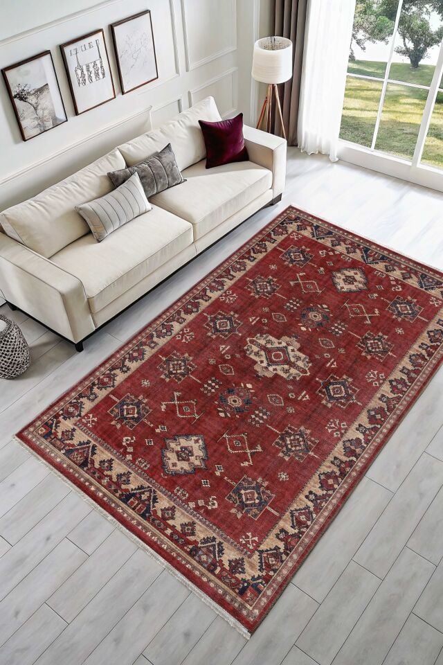 Twist Kaymaz Taban Yıkanabilir Halı Bordo Desenli