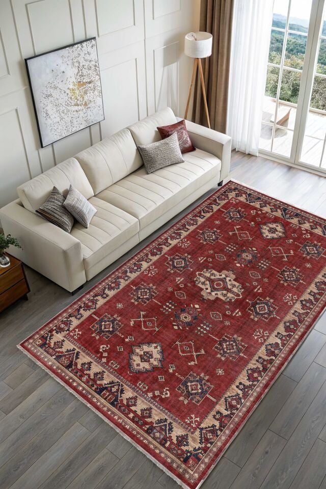 Twist Kaymaz Taban Yıkanabilir Halı Bordo Desenli