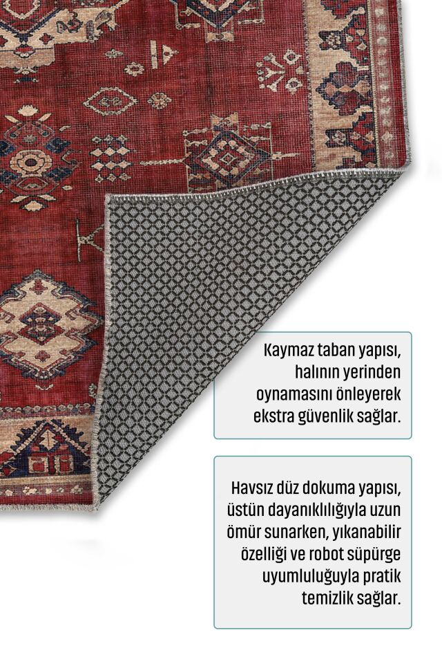 Twist Kaymaz Taban Yıkanabilir Halı Bordo Desenli