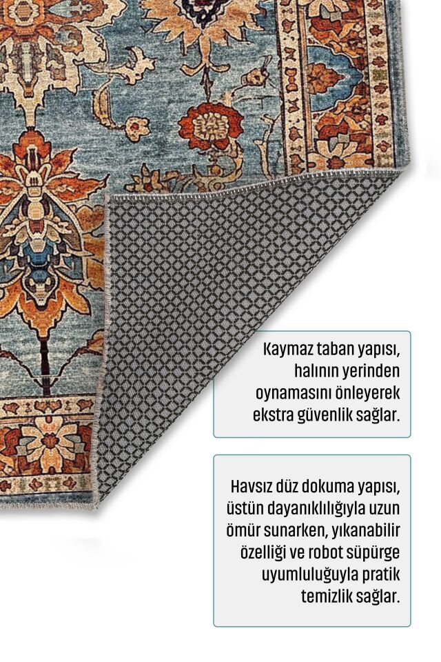 Twist Kaymaz Taban Yıkanabilir Halı Mavi Turuncu