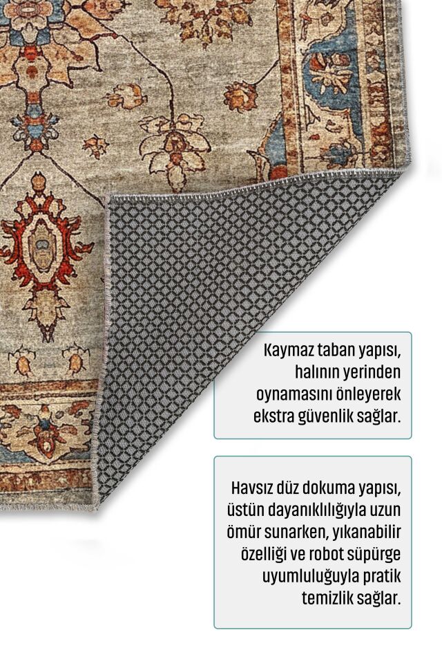 Twist Kaymaz Taban Yıkanabilir Halı Bej Mavi
