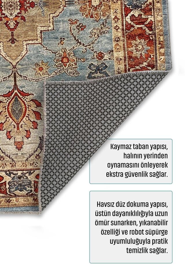Twist Kaymaz Taban Yıkanabilir Halı Mavi Kiremit