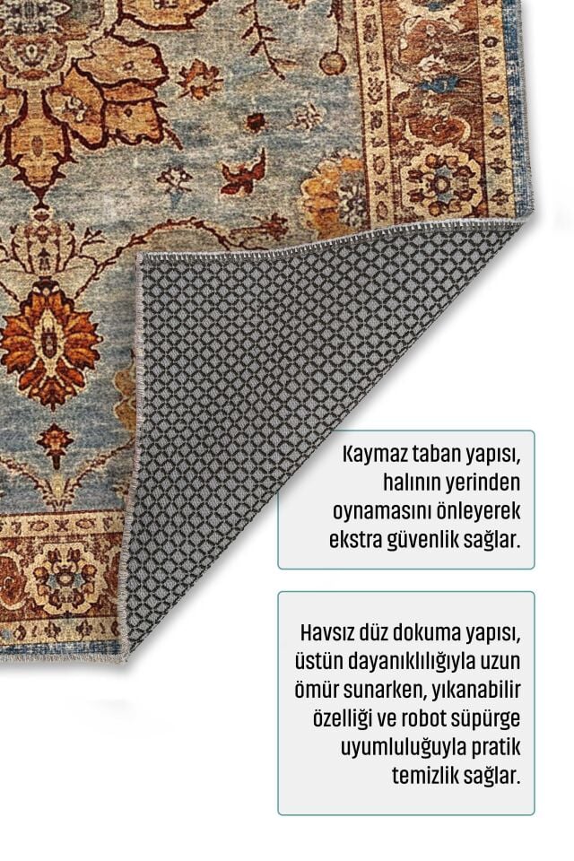 Twist Kaymaz Taban Yıkanabilir Halı Mavi Bej