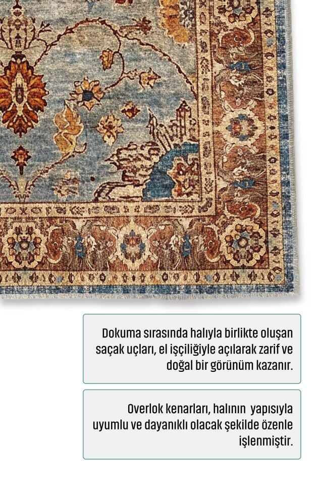 Twist Kaymaz Taban Yıkanabilir Halı Mavi Bej
