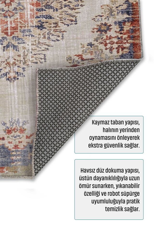 Twist Kaymaz Taban Yıkanabilir Halı Bej Desenli
