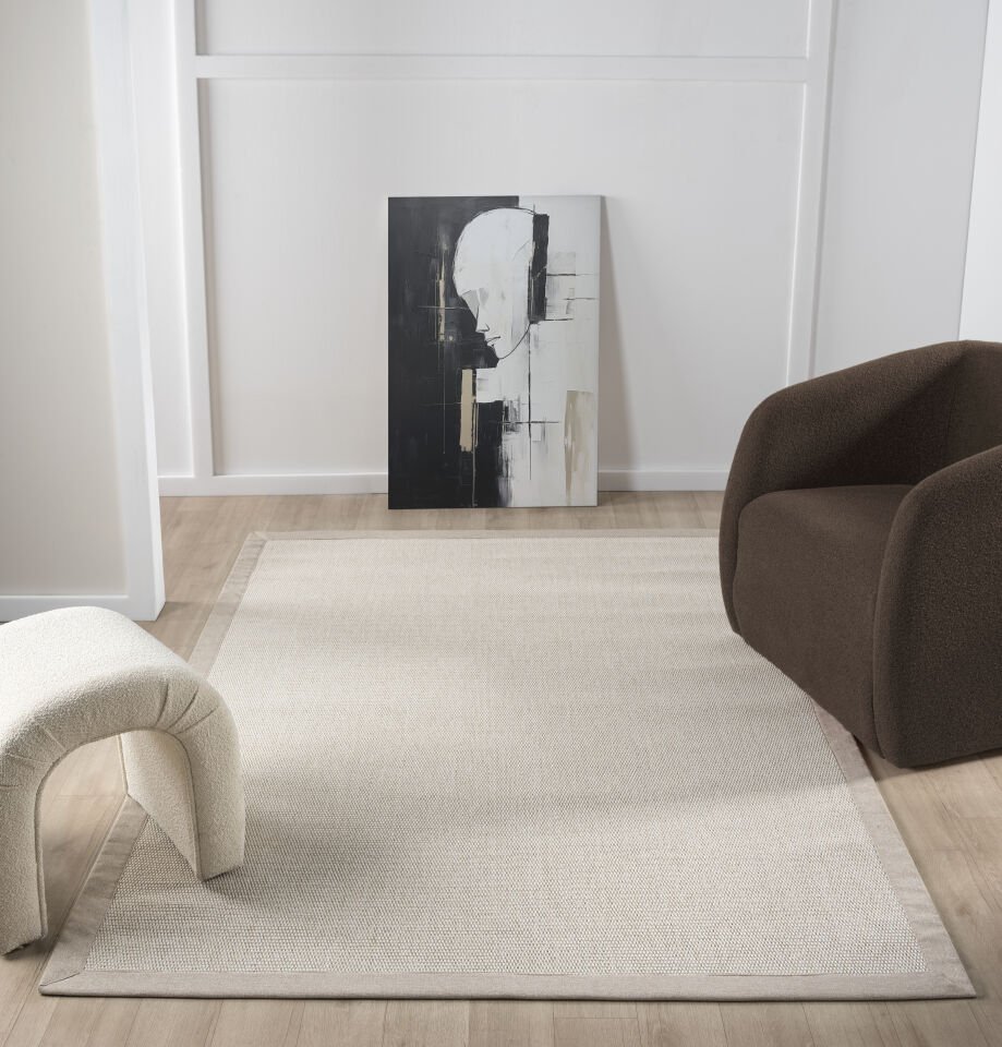 Loom Halı Krem Bordürlü Jüt Sisal Halı – Kolay Temizlenebilir Modern Balkon Mutfak Halısı