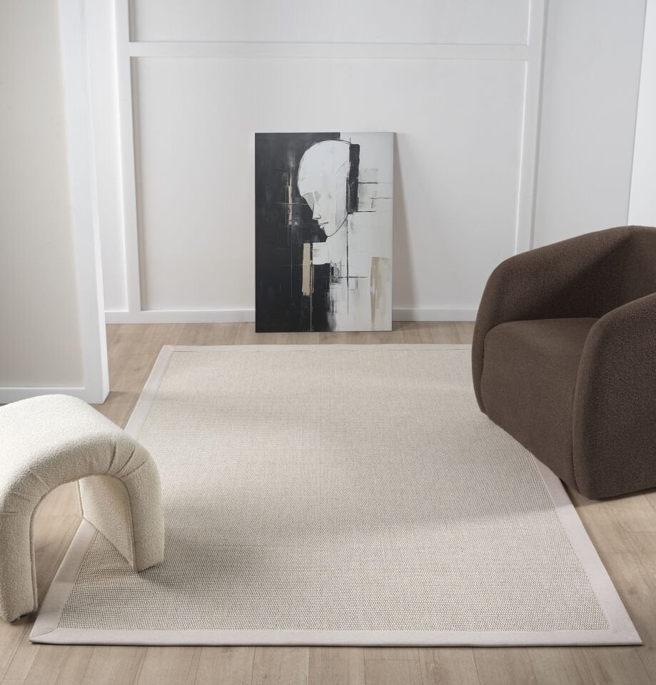 Loom Halı Bordürlü Krem Jüt Sisal Halı – Modern Salon Balkon Koridor Halısı