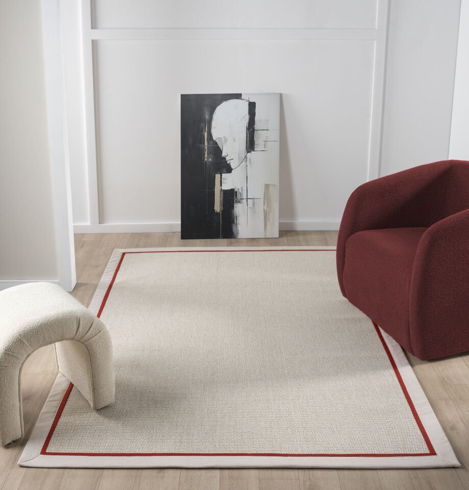Kırmızı Bordürlü Krem Jüt Sisal Halı Modern Salon Balkon Koridor Halısı