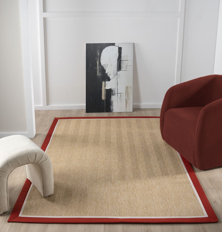 Kırmızı Bordürlü Doğal Jüt Sisal Halı Modern Salon Balkon Koridor Halısı