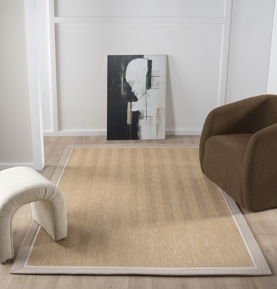 Bej Krem Bordürlü Balıksırtı Desenli Jüt Sisal Halı Modern Salon Balkon Koridor Halısı