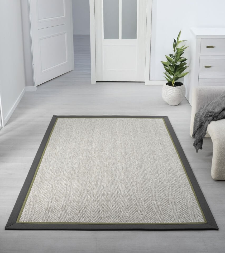 Antrasit Yeşil Bordürlü Balıksırtı Desenli Jüt Sisal Halı Modern Salon Balkon Koridor Halısı