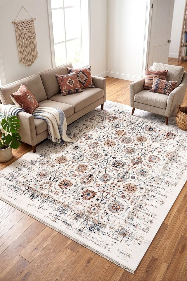 Bohem Vintage Çiçek Desenli Halı